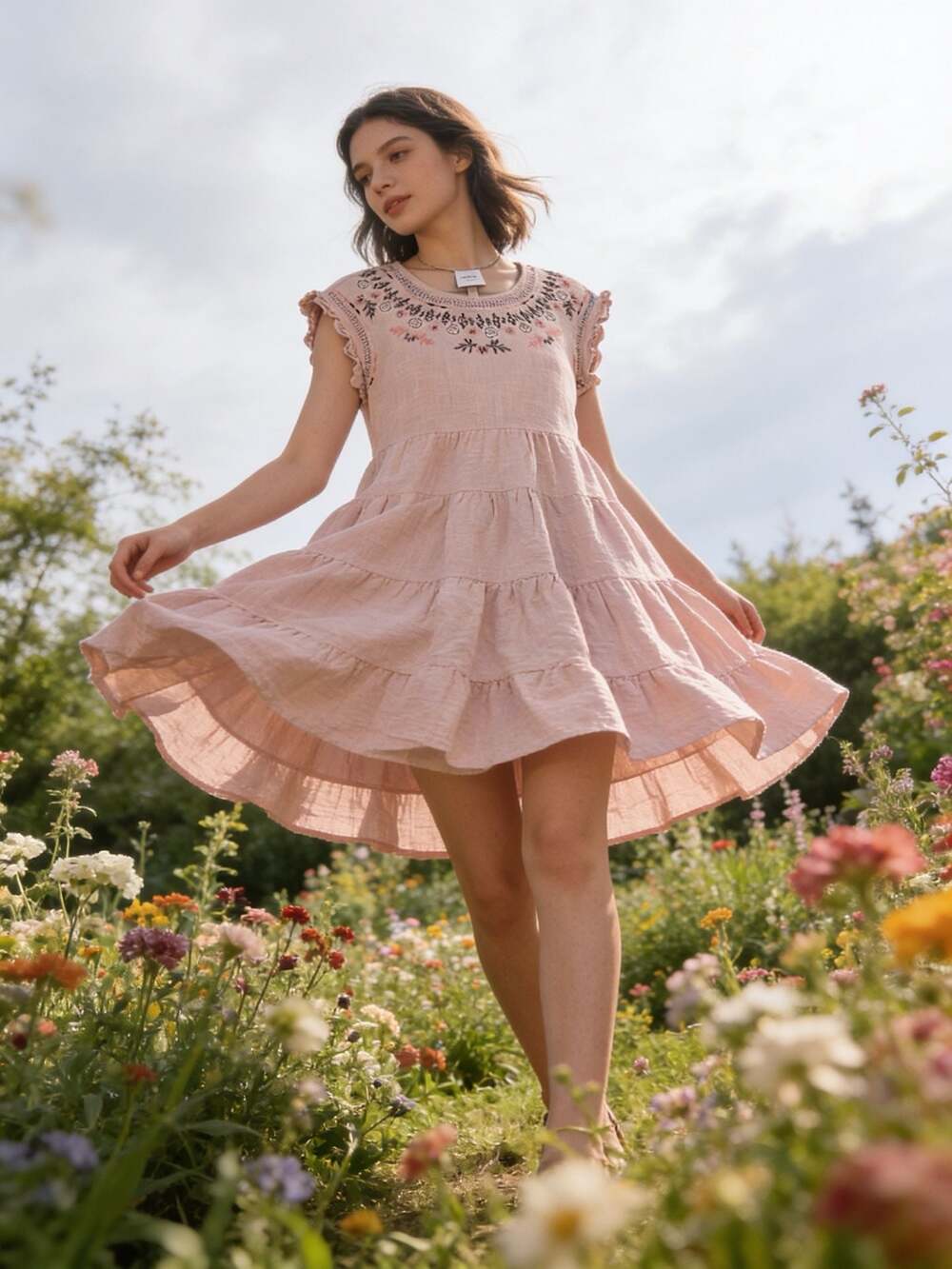 Knox Rose Pink Tiered Embroidered Mini Dress